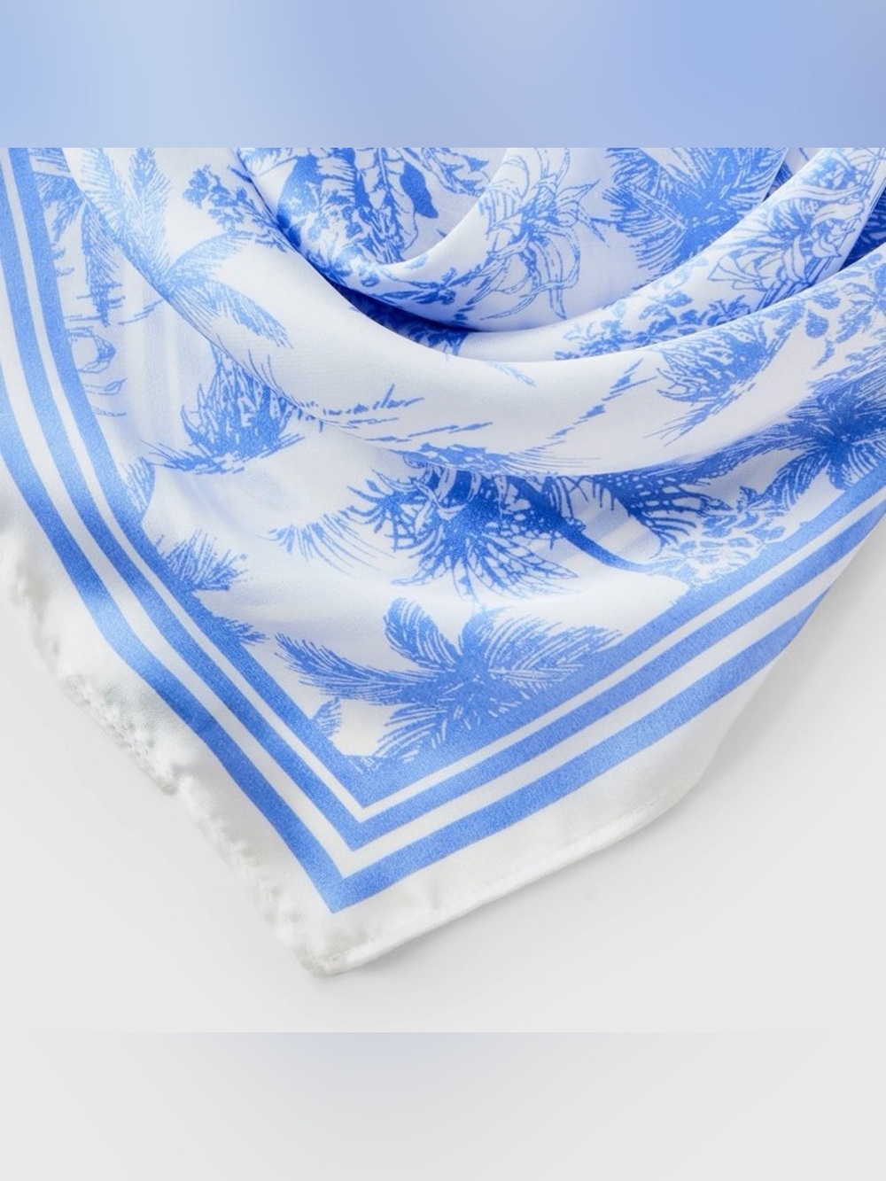NWOT Silky Blue & White Palm Tree Patterned Square Scarf - Picture 5 of 9
